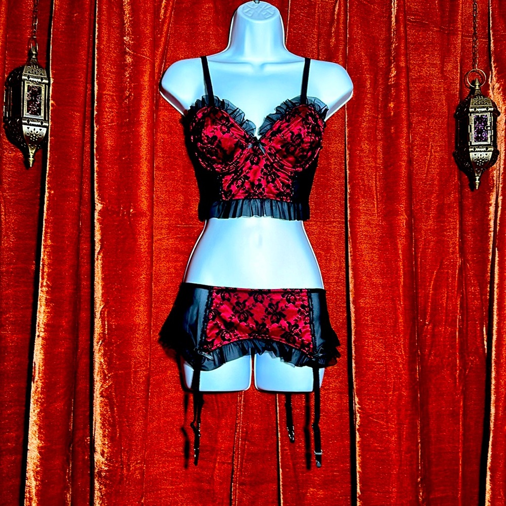 Lace red pinup mesh top and micro mini garter skirt set. Y2k era lip service XS